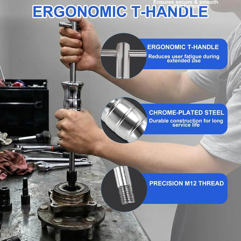 Hands using 12PCS Blind Hole Bearing Puller Set with Slide Hammer in workshop, showcasing ergonomic T-handle and chrome-plated steel.