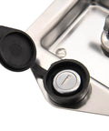 Close-up view of T Handle Latch Replacement Kit Stainless Steel 2 Pack For Truck Tool Box Camper RV Trailer Doors With 4 Keys And 2 Gaskets Waterproof Seal Keyed Alike E45 showing keyhole and latch mechanism.