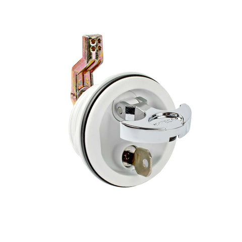 T Handle Latch With Keyed Lock For Marine And Freshwater Boats Use Three Inch Outside Diameter Two And A Half Inch Cut Out White Chrome Plated Finish Three Eighths Inch Metric Shaft