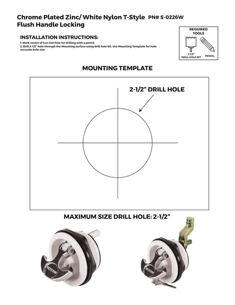 T Handle Latch With Keyed Lock For Marine And Freshwater Boats Use Three Inch Outside Diameter Two And A Half Inch Cut Out White Chrome Plated Finish Three Eighths Inch Metric Shaft shown with installation template and view of latch components.