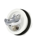 T Handle Latch With Keyed Lock For Marine And Freshwater Boats Use Three Inch Outside Diameter Two And A Half Inch Cut Out White Chrome Plated Finish Three Eighths Inch Metric Shaft close-up showing lock mechanism