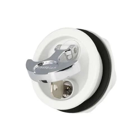 T Handle Latch With Keyed Lock For Marine And Freshwater Boats Use Three Inch Outside Diameter Two And A Half Inch Cut Out White Chrome Plated Finish Three Eighths Inch Metric Shaft close-up showing lock mechanism