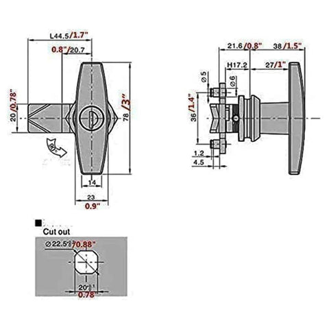 Diagram of 2 Pack T Handle Lock Cam Lock Swing Knob for Drawer Cabinet Door Locking Device Keyless Lock With Thumb Turn