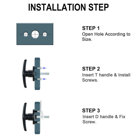 Installation steps for durable zinc alloy THandle lock set for truck cap and camper shell with screws shown