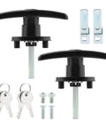 Dual locking T-handle kit for truck caps, left and right, with keys and mounting hardware, in black and silver finish.