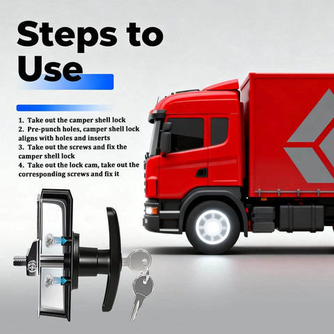 Upgrade your camper shell with a sturdy T-handle lock kit featuring a cam and two keys, shown next to a red truck.