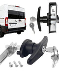 Upgrade your camper shell with a sturdy T-handle lock kit featuring a cam and two keys for secure, convenient access; durable, weatherproof performance and reliable replacement parts that restore door security. Displayed are components and installed product on a van.