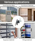 Image showing various applications of truck cap lock T-handle, including on distribution, furniture, express, and filing cabinets.