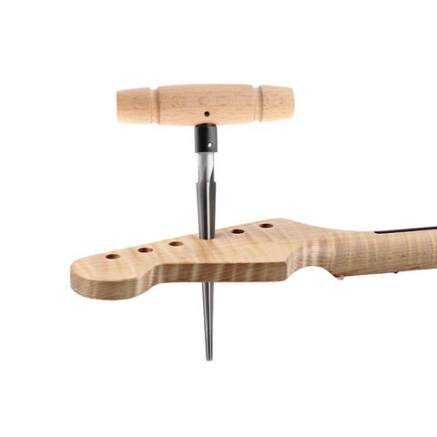 Tapered Hand Held Reamer For Woodworking And Guitar Luthier Projects Pro Grade T Handle 4 Fluted Chamfer Reaming Bit in use