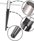 Close-up view of Two Piece T Handle Taper Reamer Set For Bridge Pin Holes Pro Grade With Six Fluted Chamfer Reamers For Woodworking.