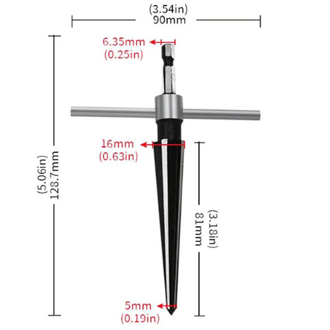 Two Piece T Handle Taper Reamer Set For Bridge Pin Holes Pro Grade With Six Fluted Chamfer Reamers showing size dimensions.