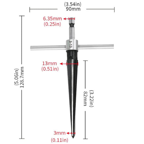 Two Piece T Handle Taper Reamer Set For Bridge Pin Holes Pro Grade With Six Fluted Chamfer Reamers For Woodworking Dimensions