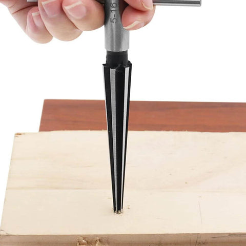 Two Piece T Handle Taper Reamer Set For Bridge Pin Holes Pro Grade With Six Fluted Chamfer Reamers For Woodworking One Eighth To One Half Inch And Three Sixteenth To Five Eighth Inch Eyech in use