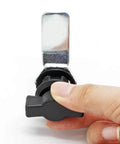 Front view of two piece thumb operated offset cam lock set with durable rust resistant zinc alloy construction, finger operating the lock.