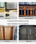 Collage of Heavy Duty 3.5 Inch Gate Hinges Set In Black Iron Finish installed on barns, farm gates, fences, and shacks