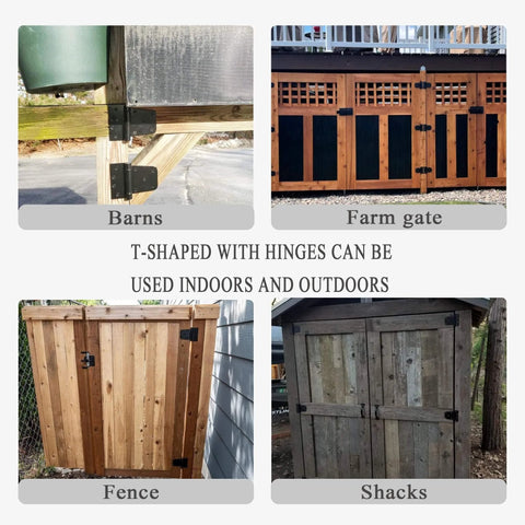 Collage of Heavy Duty 3.5 Inch Gate Hinges Set In Black Iron Finish installed on barns, farm gates, fences, and shacks