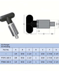 Diagram of T knob Spring Loaded Pop Pin with dimensions, zinc plated steel plunger, black plastic T-handle, and size chart