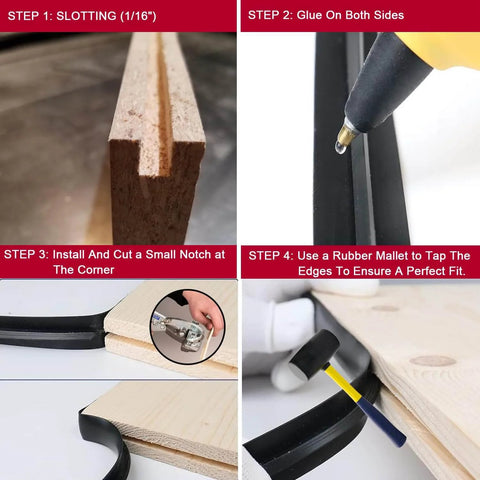 Step-by-step installation of 25 Ft White 3/4 Inch Plastic Center Barb T Molding Edge Banding, Flexible PVC Rubber Trim on plywood.