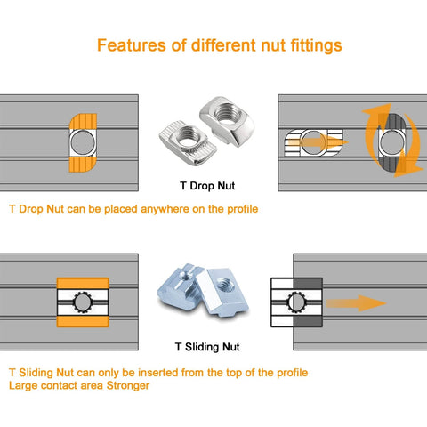 Features of T Drop Nut and T Sliding Nut for 250 Pcs M5 T Nuts and Screws Assortment Kit for 2020 Series Aluminum Extrusion