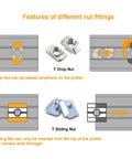 Features of T Drop Nuts and Sliding Nuts for 2020 Series Aluminum Extrusion, showing placement instructions and comparisons.