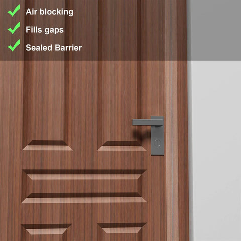 Wooden door with T-Shaped Door Draft Stopper, 1.97 in x 20 Ft Silicone Seal Strip for Windows Gaps installed.