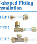T-shaped fitting installation steps with brass connectors and white tubing