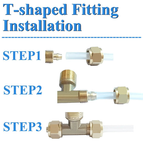 T-shaped fitting installation steps with brass connectors and white tubing