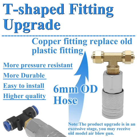 T-shaped copper fitting and 6mm OD hose component from Heavy Duty Air Blow Gun Kit with Sixteen Foot Pneumatic Hose One Quarter Inch Quick Connect And Six Millimeter Outer Diameter For Auto Shops Garages Workshops And Industrial Cleanups For Rapid Dust And Debris Removal.