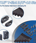 Pro Series WFLNHB 58 Piece T Slot Clamp Kit For Milling Machines Seven Sixteenths Inch Slot And Three Eighths Inch Sixteen Thread Studs Hold Down Clamps Shop Grade Quality For Bridgeport Mills And Heavy Duty Milling Projects, showing components.