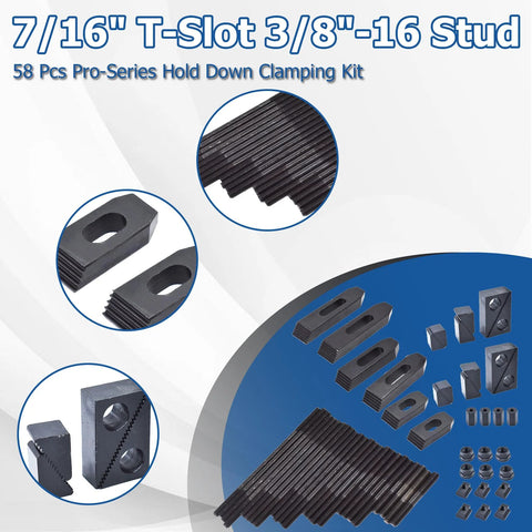 Pro Series WFLNHB 58 Piece T Slot Clamp Kit For Milling Machines Seven Sixteenths Inch Slot And Three Eighths Inch Sixteen Thread Studs Hold Down Clamps Shop Grade Quality For Bridgeport Mills And Heavy Duty Milling Projects, showing components.