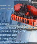 Pro Series WFLNHB 58 Piece T Slot Clamp Kit For Milling Machines Seven Sixteenths Inch Slot And Three Eighths Inch Sixteen Thread Studs Hold Down Clamps Shop Grade Quality For Bridgeport Mills And Heavy Duty Milling Projects displayed in a red organizer with visible components