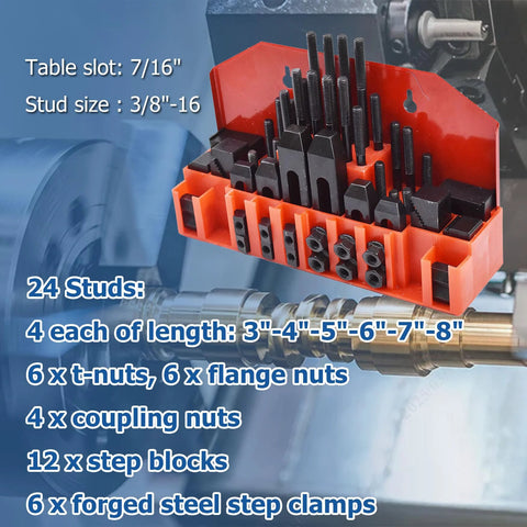 Pro Series WFLNHB 58 Piece T Slot Clamp Kit For Milling Machines Seven Sixteenths Inch Slot And Three Eighths Inch Sixteen Thread Studs Hold Down Clamps Shop Grade Quality For Bridgeport Mills And Heavy Duty Milling Projects displayed in a red organizer with visible components