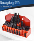 Pro Series WFLNHB 58 Piece T Slot Clamp Kit For Milling Machines Seven Sixteenths Inch Slot And Three Eighths Inch Sixteen Thread Studs Hold Down Clamps Shop Grade Quality For Bridgeport Mills And Heavy Duty Milling Projects, front view with arranged components.