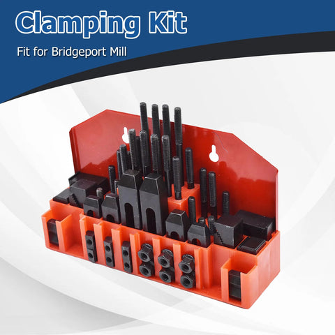 Pro Series WFLNHB 58 Piece T Slot Clamp Kit For Milling Machines Seven Sixteenths Inch Slot And Three Eighths Inch Sixteen Thread Studs Hold Down Clamps Shop Grade Quality For Bridgeport Mills And Heavy Duty Milling Projects, front view with arranged components.
