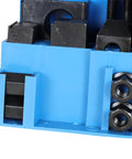 Close-up of Pro Series 58 Piece T Slot Hold Down Clamp Kit showing black step blocks and nuts on blue tray for milling machines.