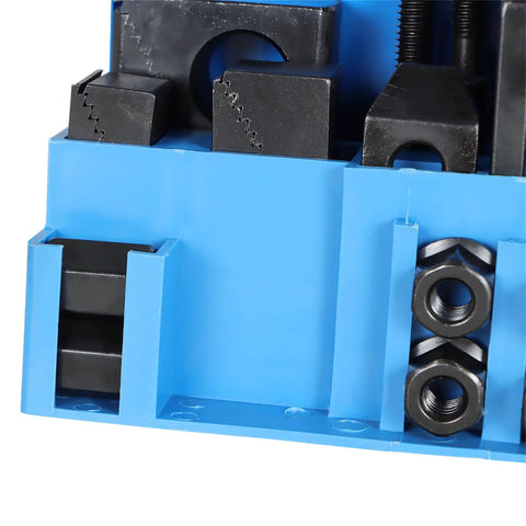 Close-up of Pro Series 58 Piece T Slot Hold Down Clamp Kit showing black step blocks and nuts on blue tray for milling machines.