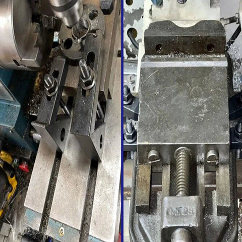 Heavy Duty Fifty Eight Piece Five Eighths Inch T Slot Hold Down Clamp Kit For Bridgeport Mills With One Half Inch Studs And Thirteen Threaded T Nuts TN 0212 Includes Step Clamps 25S 12 40S 12 60S 12 And STB Block Sets installed on milling table