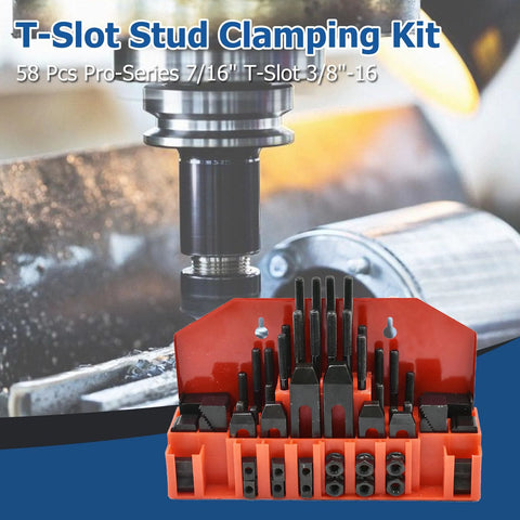 Pro Series WFLNHB 58 Piece T Slot Clamp Kit For Milling Machines Seven Sixteenths Inch Slot And Three Eighths Inch Sixteen Thread Studs Hold Down Clamps Shop Grade Quality For Bridgeport Mills And Heavy Duty Milling Projects