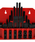 58 Piece T Slot Clamping Kit For Milling Machines And Drill Presses With Hardened Steel Construction displayed in red wall mount