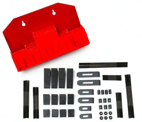 52 Piece T Slot Clamping Kit For Milling Machines And Drill Presses With M8 Table Slots Heavy Duty Hardened Steel Includes 24 Studs In 75 100 125 150 175 200mm Lengths 6 M6 T Nuts 6 Flange Nuts 4 Coupling Nuts 6 Step Blocks 6 Step Clamps By LLDSIMEX shown with red storage case