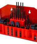 52 Piece T Slot Clamping Kit For Milling Machines And Drill Presses With M8 Table Slots Heavy Duty Hardened Steel Includes 24 Studs In 75 100 125 150 175 200mm Lengths 6 M6 T Nuts 6 Flange Nuts 4 Coupling Nuts 6 Step Blocks 6 Step Clamps By LLDSIMEX in red holder