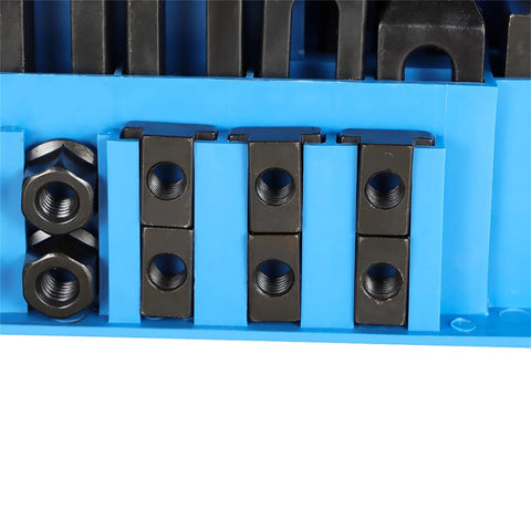 Close-up of Pro Series 58 Piece T Slot Hold Down Clamp Kit showing nuts and blue holders for milling machines setup.