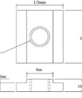 Technical diagram of M6 T-nut from 52 Piece T Slot Clamping Kit For Milling Machines And Drill Presses With M8 Table Slots Heavy Duty Hardened Steel Includes 24 Studs In 75 100 125 150 175 200mm Lengths 6 M6 T Nuts 6 Flange Nuts 4 Coupling Nuts 6 Step Blocks 6 Step Clamps By LLDSIMEX, showing dimensions 13mm x 16mm x 10mm.