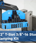 Pro Series 58 Piece Half Inch T Slot Three Eighths Inch Stud Clamping Kit for Bridgeport Mills on metal mechanical surface