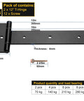 Diagram of Beefy 12 Inch Heavy Duty T Strap Hinges Set Black Outdoor With 180 Degree Opening For Wooden Fence Shed Doors Barn Gates Rust Resistant 4mm Carbon Steel Durable Easy Install 2 Pack with dimensions and screws shown