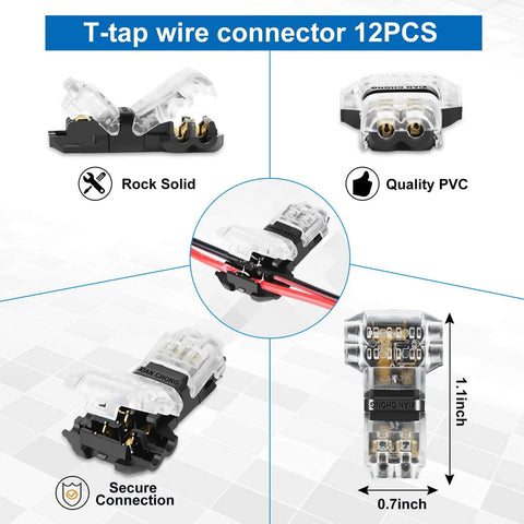 65.6ft 22 AWG LED Extension Cable With 12 Piece 3 Way T Tap Wire Connectors dimensions and features display