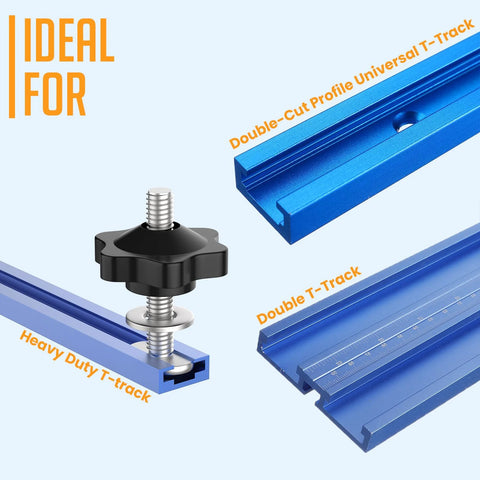 T Track Bolt Knob Kit For Woodworking Jigs And Fixtures with star knob on blue T-tracks showing versatility for mounting