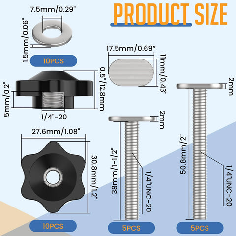 Diagram showing T Track Bolt Knob Kit sizes for woodworking jigs with measurements for star knobs, washers, and 1/4-20 T-slot bolts