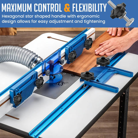 T Track Bolt Knob Kit For Woodworking Jigs And Fixtures 10 Sets 1/4-20 Bolts with star knobs on a router table, ergonomic design