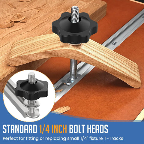 T Track Bolt Knob Kit For Woodworking Jigs And Fixtures 10 Sets 1/4-20 Bolts With Washers And Star Knobs shown in use